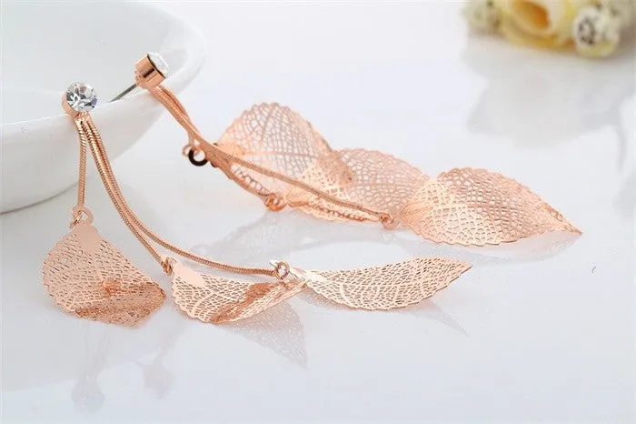 Filigree Tripe Leaves - Crystal Leaf Drop Dangle Long Earrings