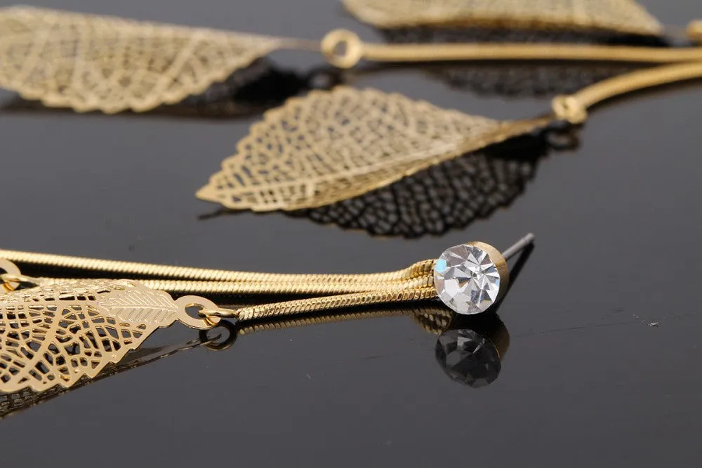 Filigree Tripe Leaves - Crystal Leaf Drop Dangle Long Earrings