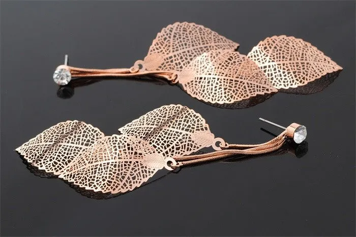 Filigree Tripe Leaves - Crystal Leaf Drop Dangle Long Earrings