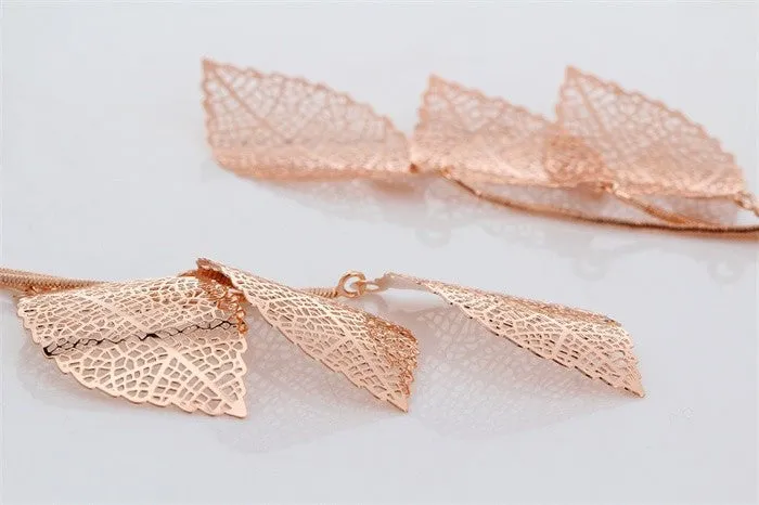 Filigree Tripe Leaves - Crystal Leaf Drop Dangle Long Earrings