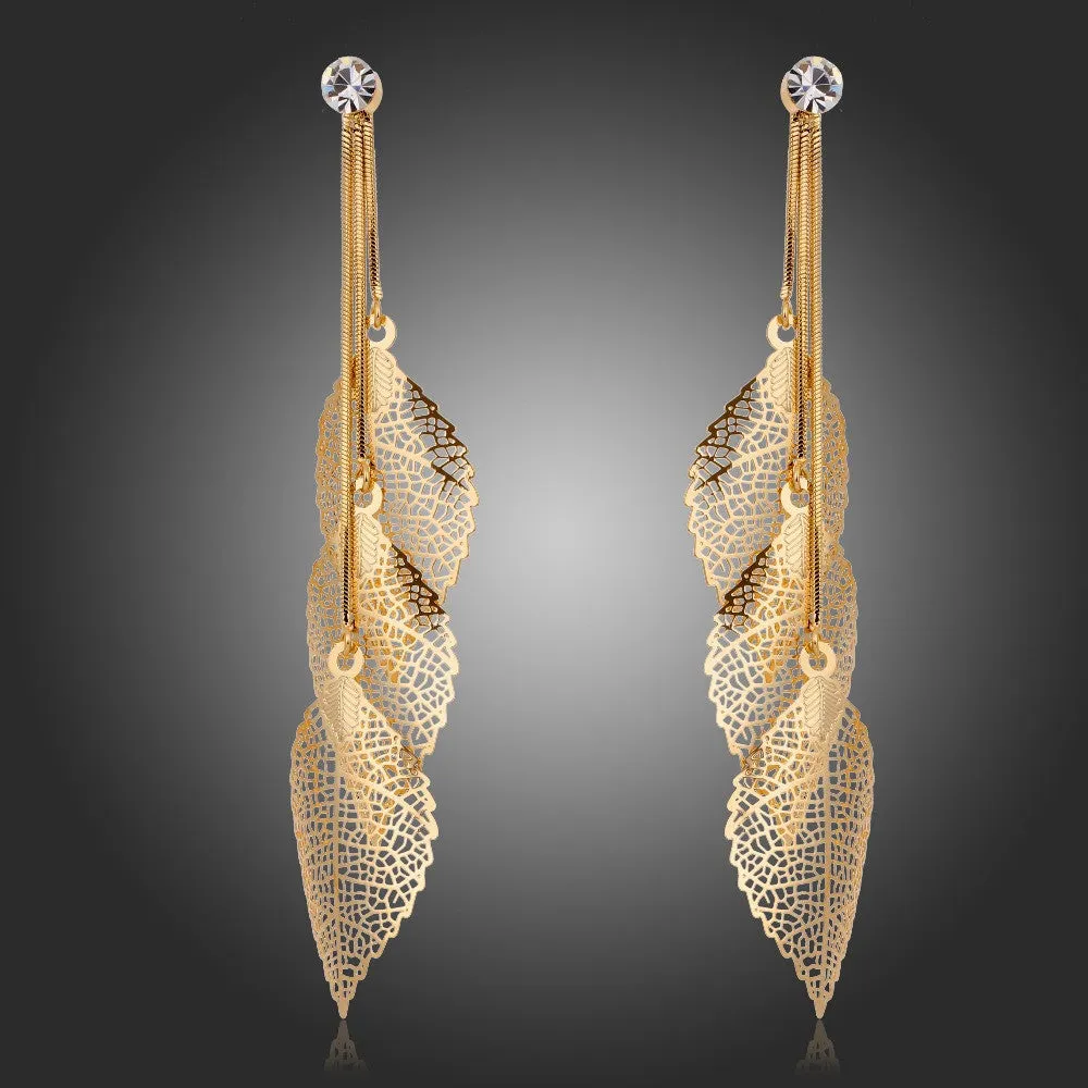 Filigree Tripe Leaves - Crystal Leaf Drop Dangle Long Earrings