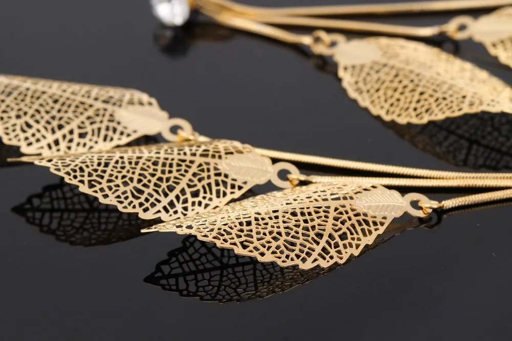 Filigree Tripe Leaves - Crystal Leaf Drop Dangle Long Earrings