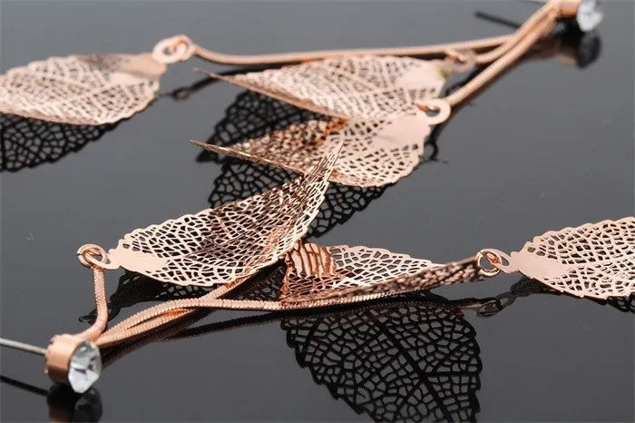 Filigree Tripe Leaves - Crystal Leaf Drop Dangle Long Earrings