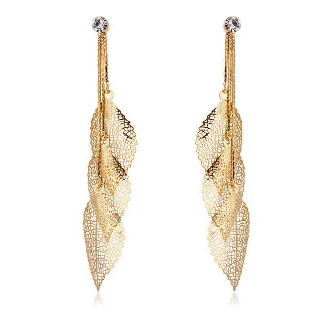 Filigree Tripe Leaves - Crystal Leaf Drop Dangle Long Earrings