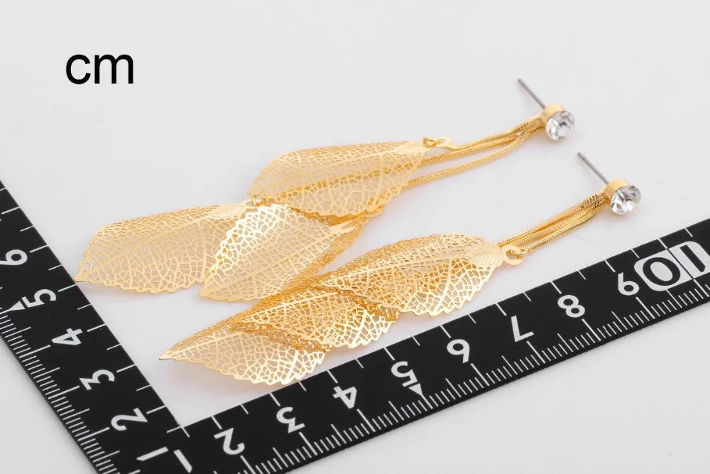 Filigree Tripe Leaves - Crystal Leaf Drop Dangle Long Earrings