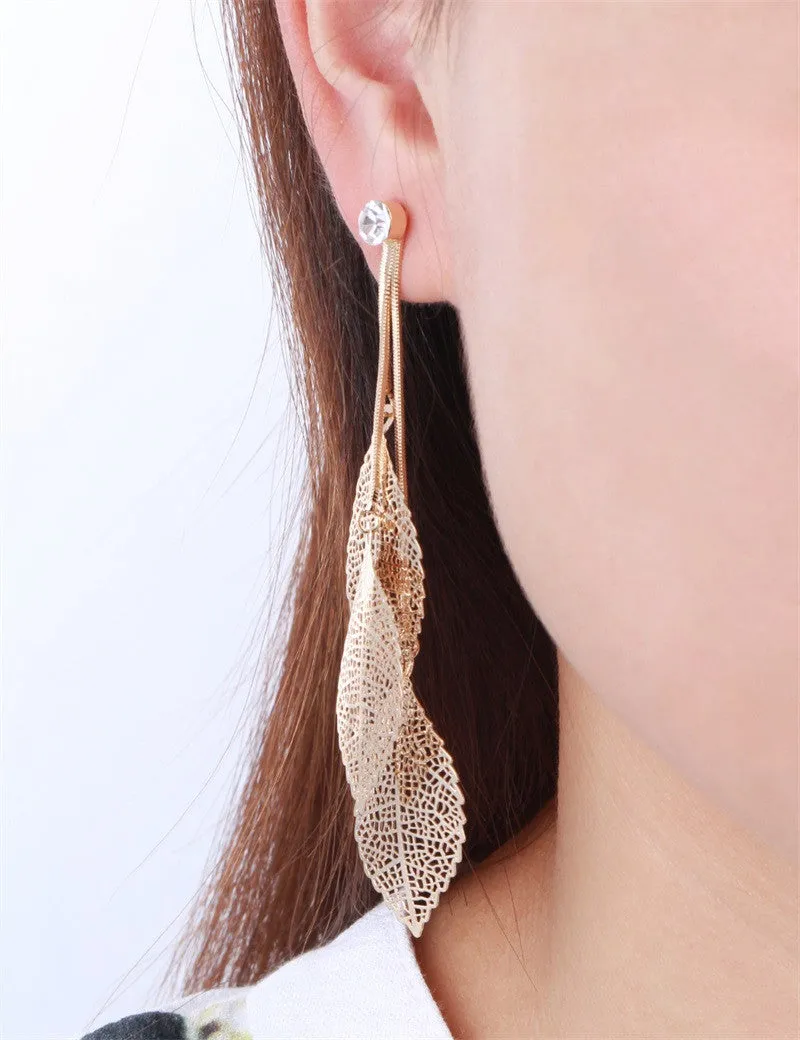 Filigree Tripe Leaves - Crystal Leaf Drop Dangle Long Earrings