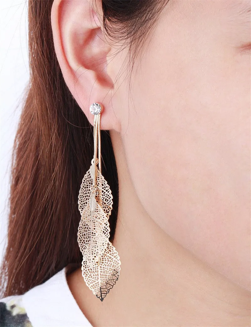 Filigree Tripe Leaves - Crystal Leaf Drop Dangle Long Earrings