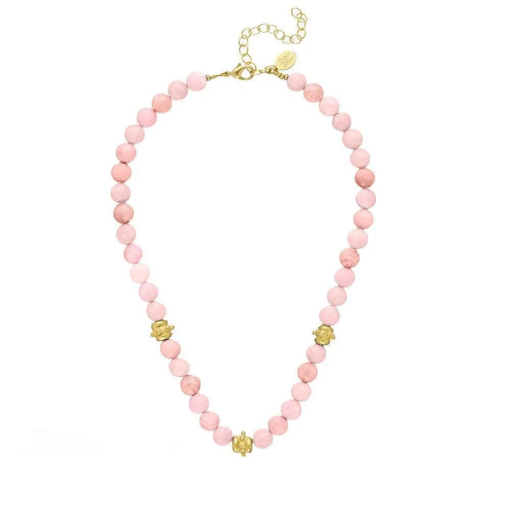 Genuine Pink Jade Necklace with Gold Beads