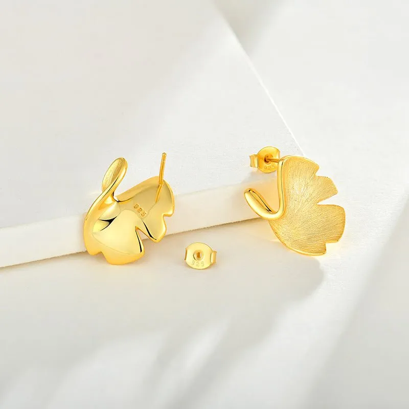 Ginkgo Biloba Leaf Gold Stud Earrings