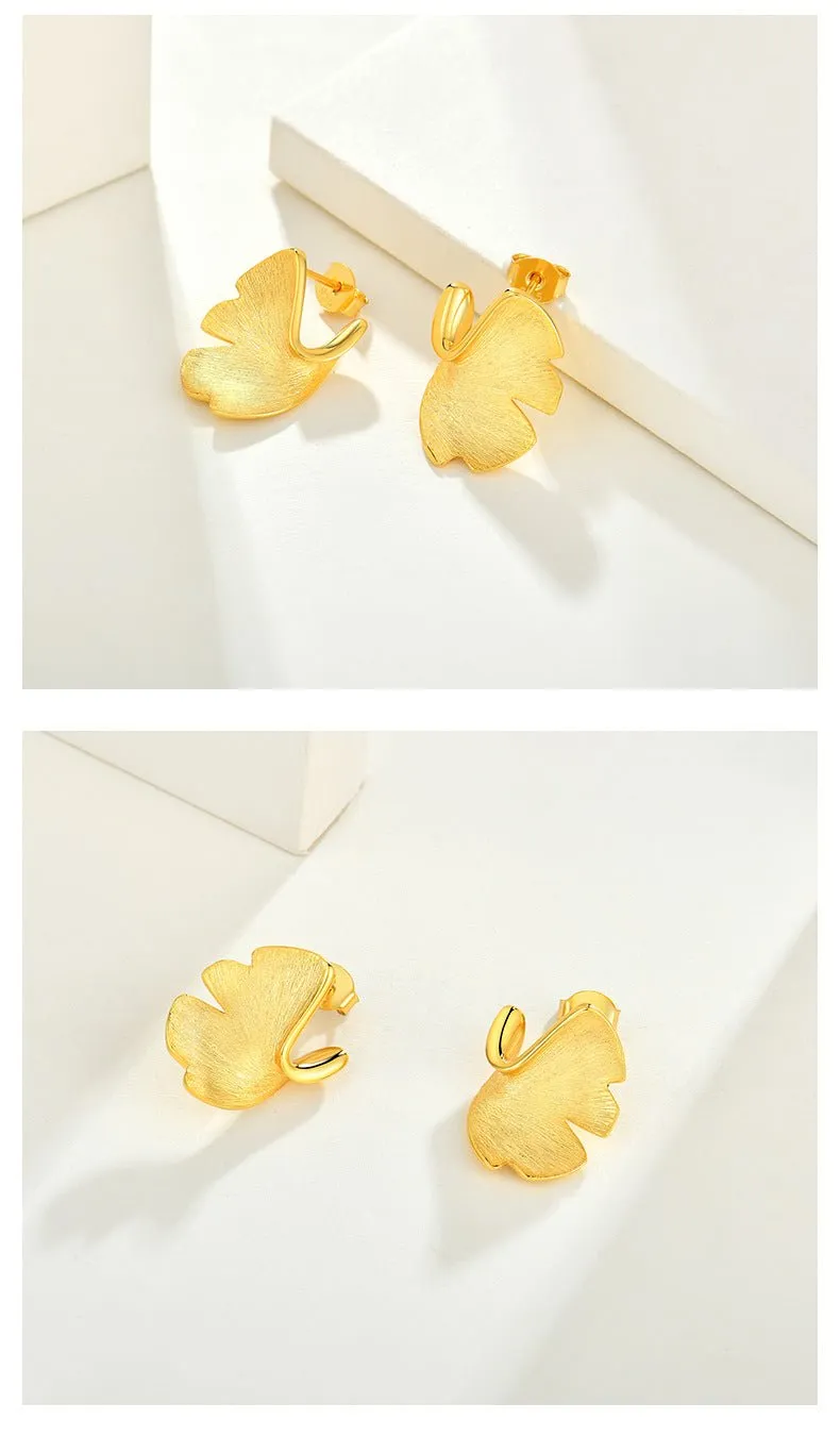 Ginkgo Biloba Leaf Gold Stud Earrings