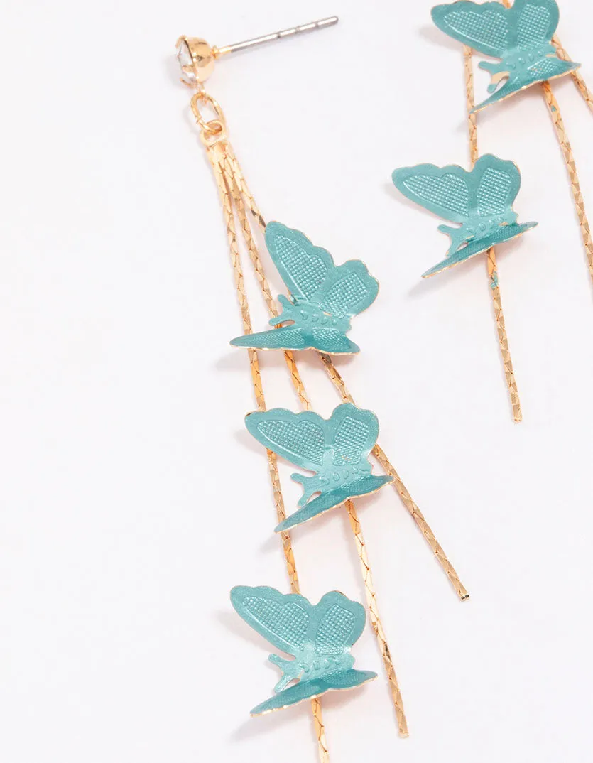 Gold & Blue Butterfly Drop Earrings