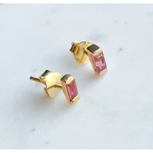 Gold Baguette Stone Stud Earrings: Mystic Pink Topaz