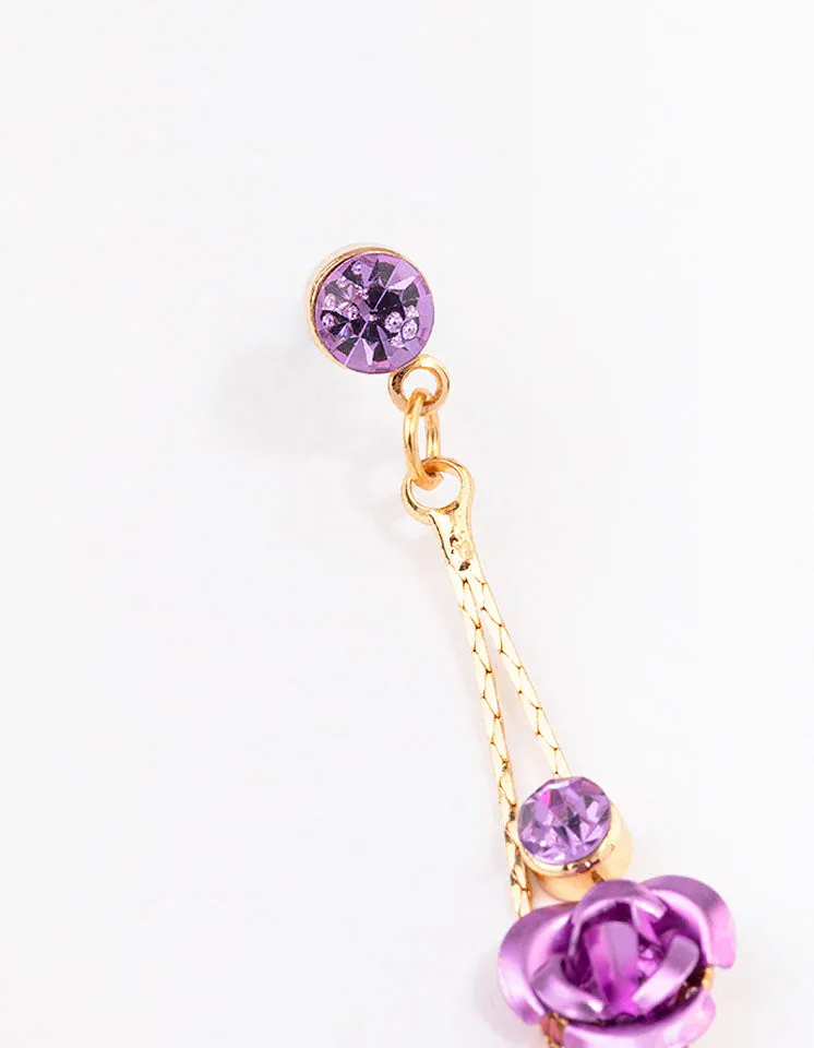 Gold Climbing Purple Rose Drop Earrings