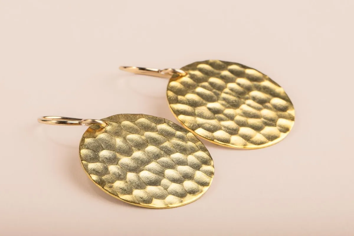 Gold Hammered Disc Dangle Earrings