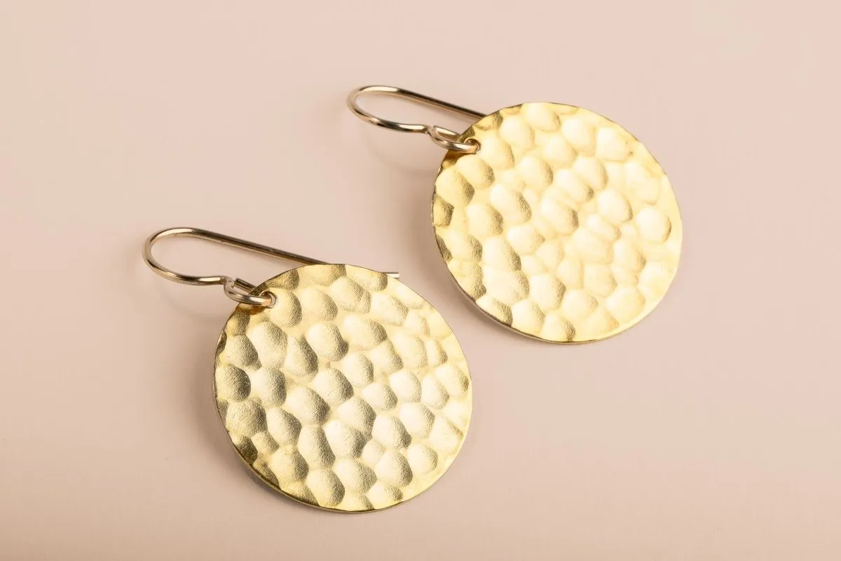 Gold Hammered Disc Dangle Earrings