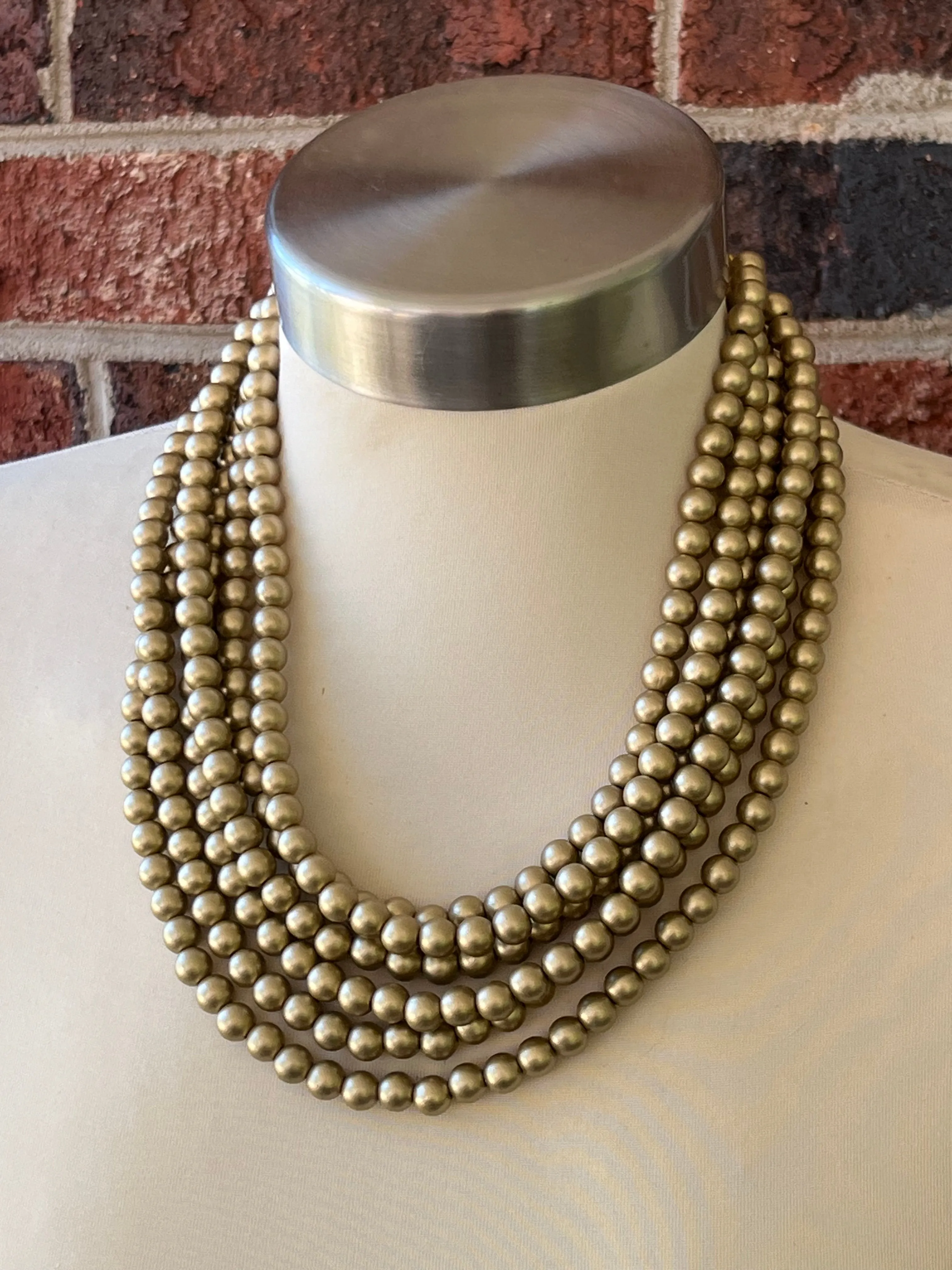 Gold Matte Smaller Bead Acrylic Chunky Multi Strand Statement Necklace - Michelle