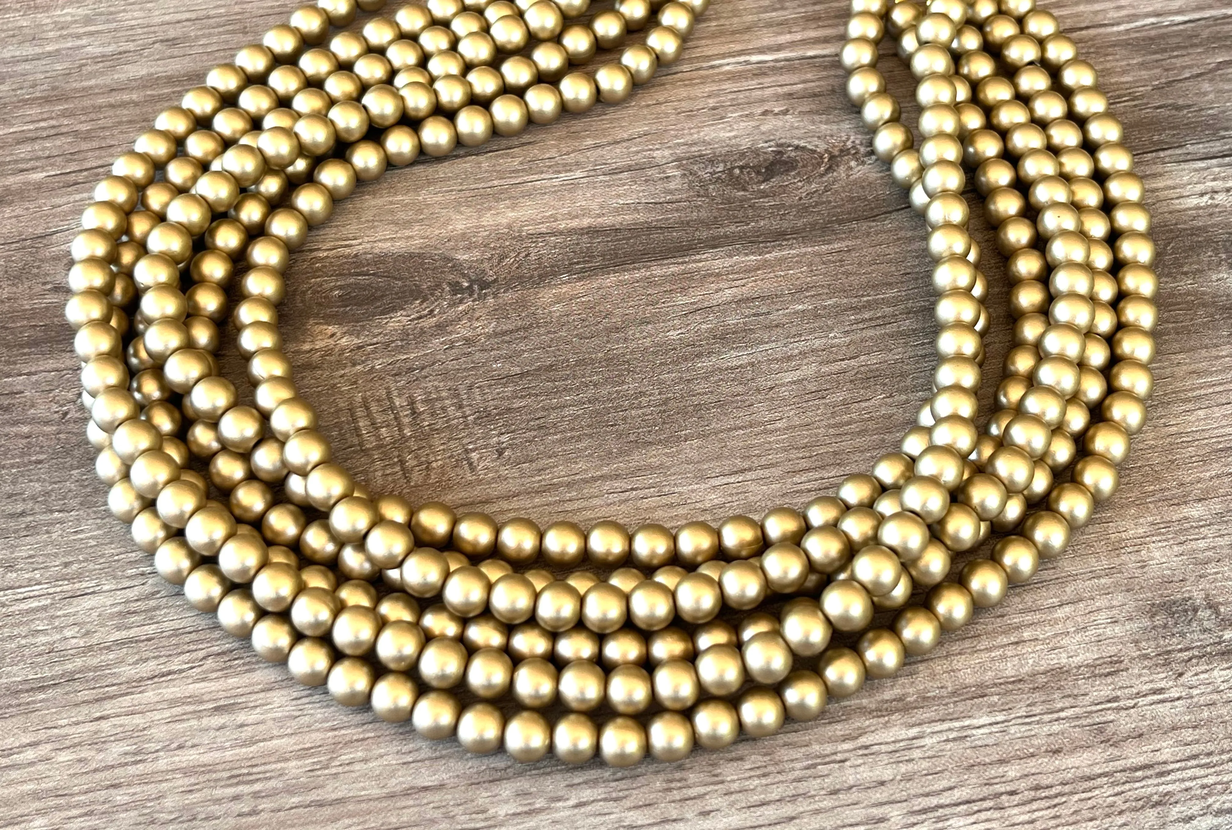 Gold Matte Smaller Bead Acrylic Chunky Multi Strand Statement Necklace - Michelle