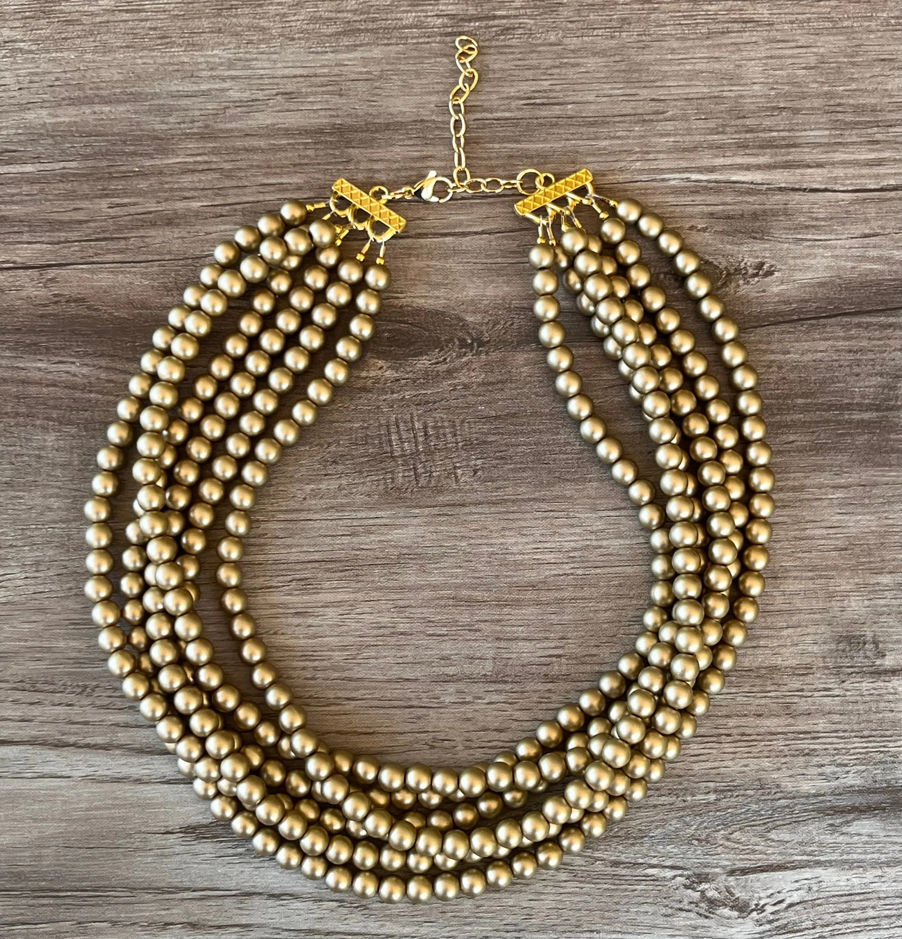 Gold Matte Smaller Bead Acrylic Chunky Multi Strand Statement Necklace - Michelle