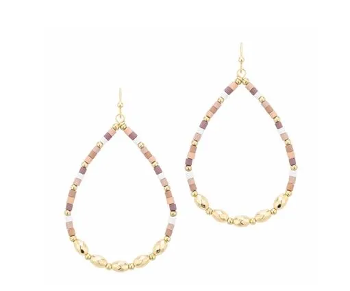 Gold Multi Wood Beaded Teardrop Earrings