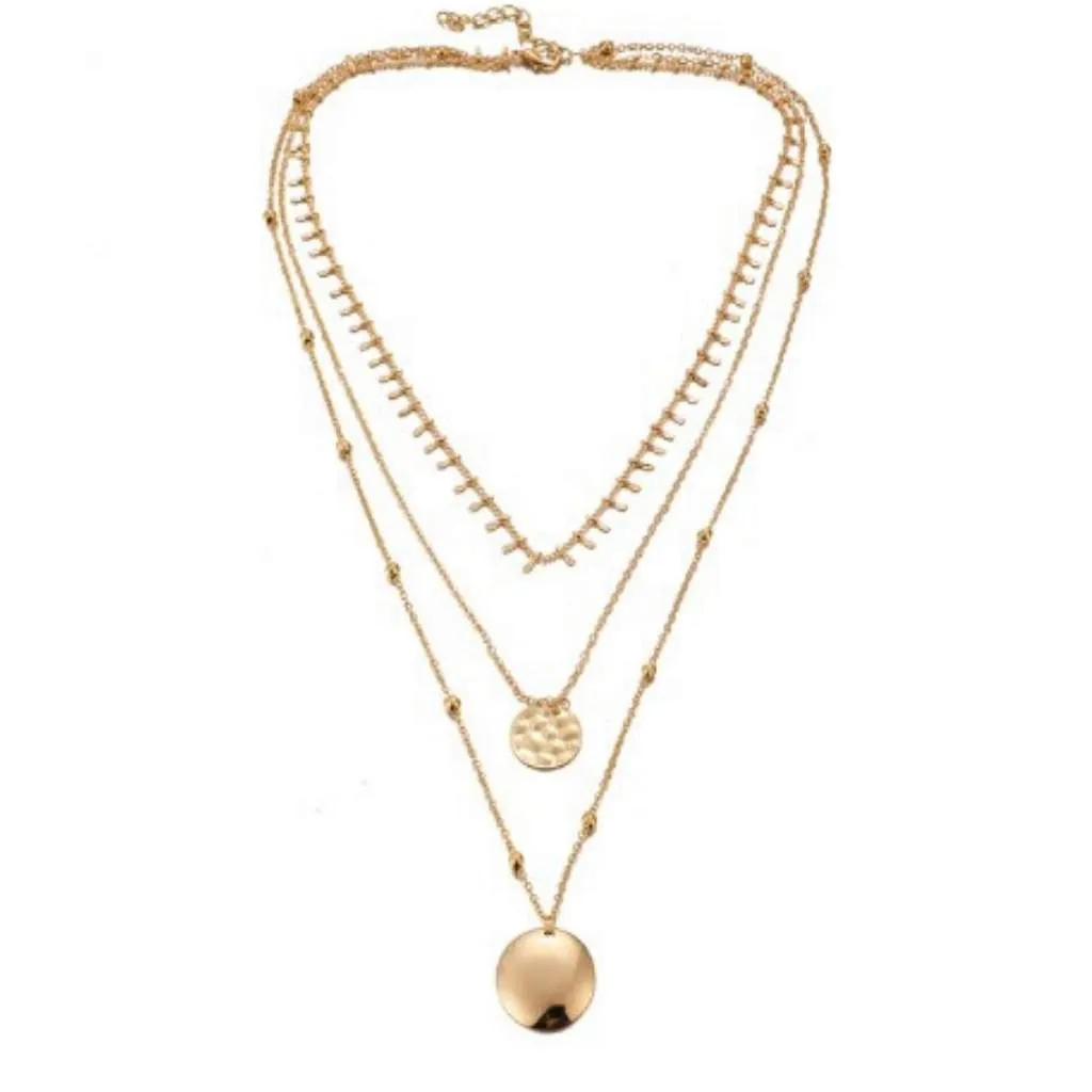 Gold Triple Chain Disc Layered Necklace