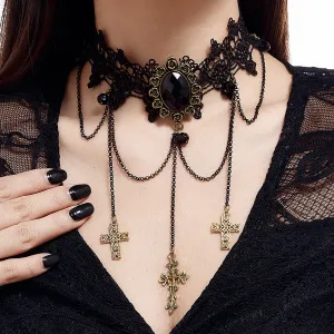 Gothic Blood Drop Gem Tassel Cross Necklace for Halloween