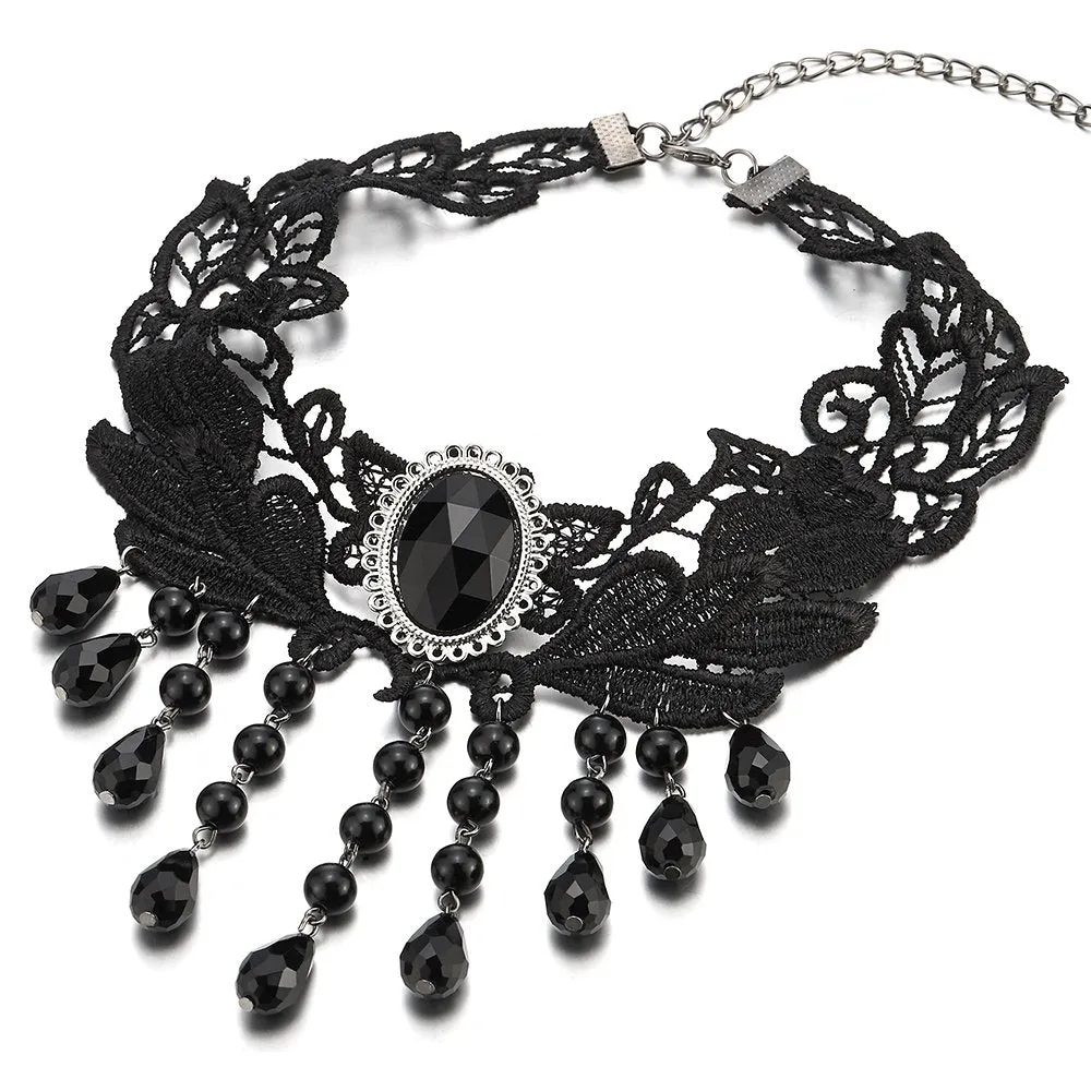 Gothic Victorian Nostalgic Black Lace Choker Necklace with Dangling Black Bead Charms Link Chain