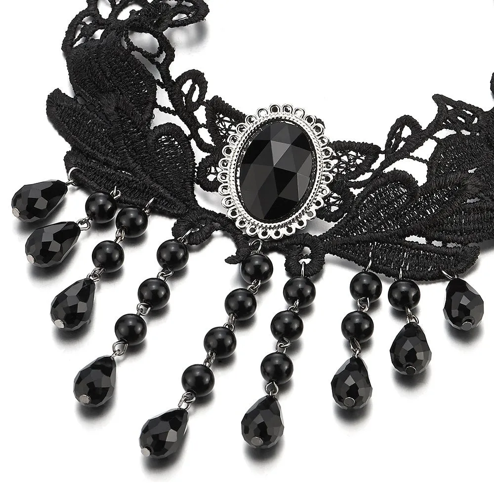 Gothic Victorian Nostalgic Black Lace Choker Necklace with Dangling Black Bead Charms Link Chain