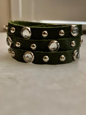 Green Cz Studded Leather Bracelet