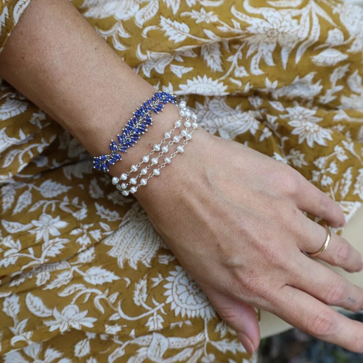 Handmade Multi Bead Chain of White Pearls Bracelet