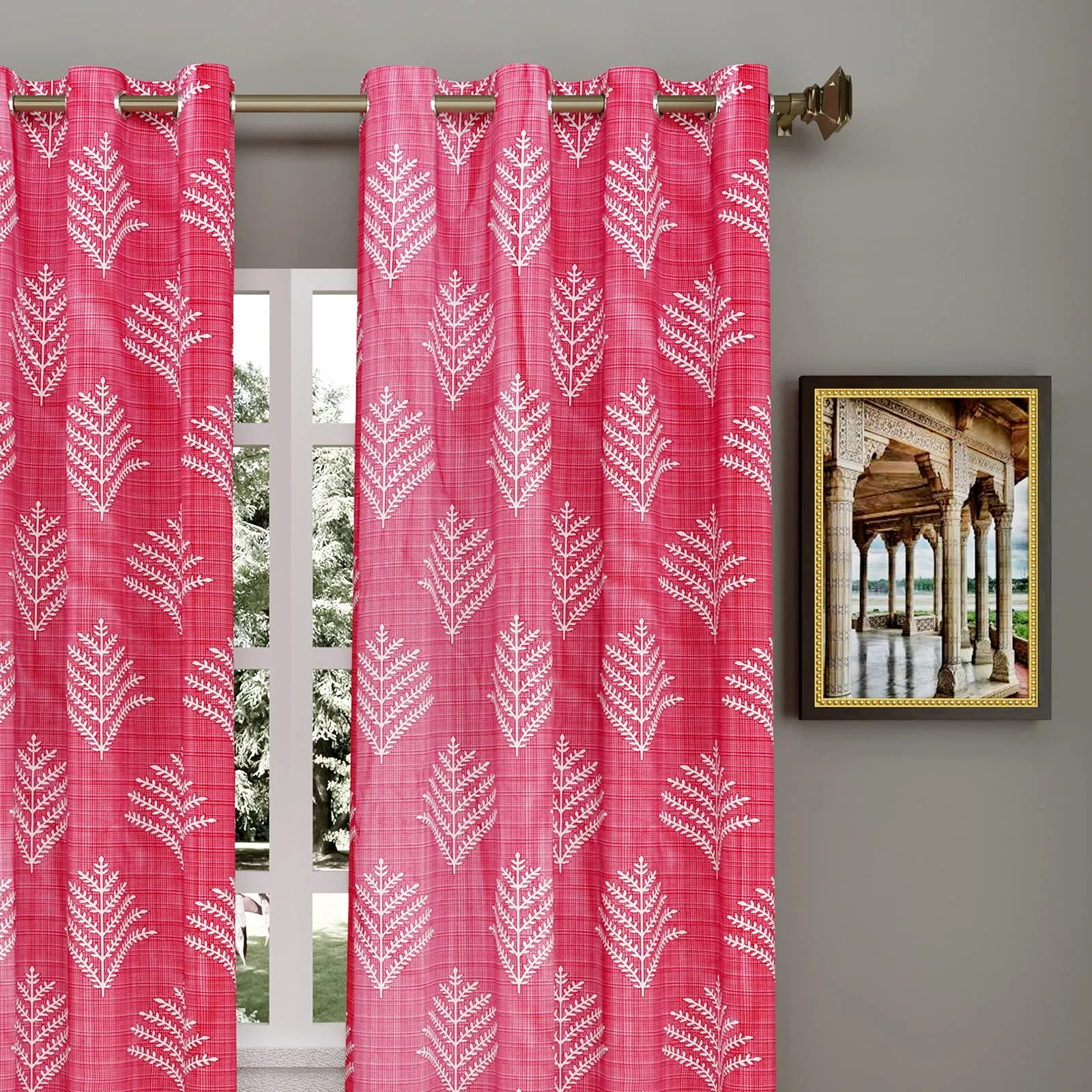 Heart Home Leaf Printed 7 Feet Door Curtain for Living Room, Bed Room, Kids Room with 8 Eyelet- Pack of 2 (Pink)-HS43HEARTH25587