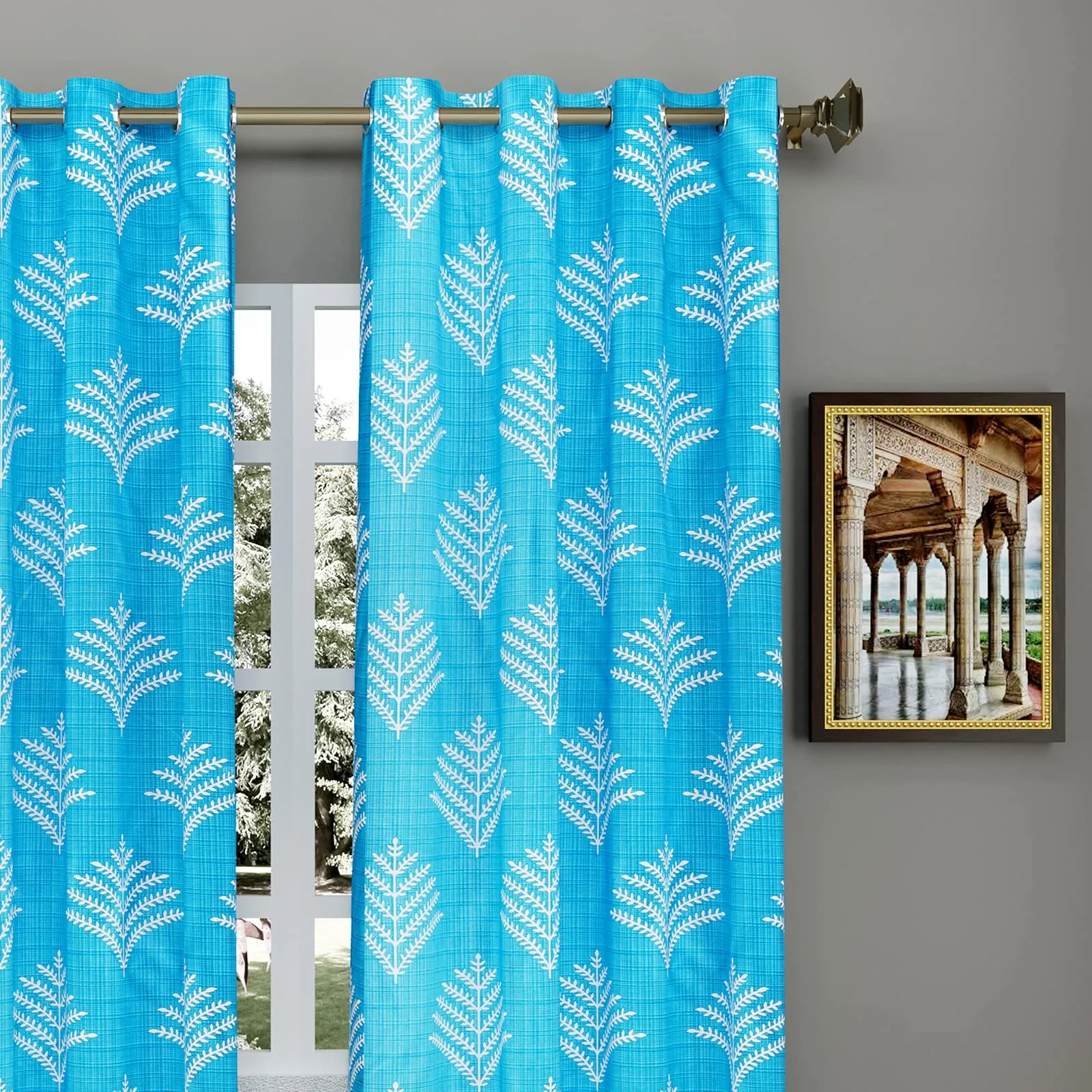 Heart Home Leaf Printed 7 ft Door Curtain for Living Room, Bed Room, Kids Room with 8 Eyelet (Blue)-Hs43Hearth25589(Polyester_Blue)