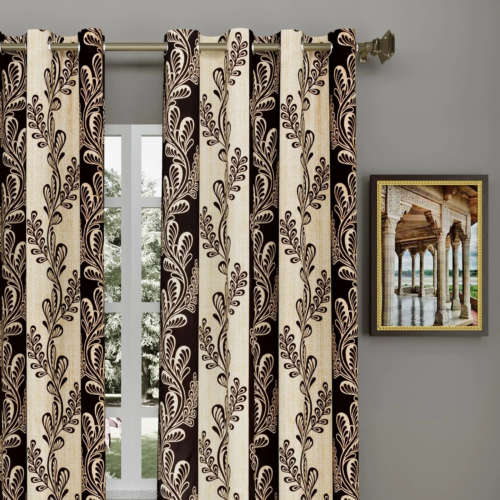 Heart Home Leaf Printed Home Décor Door Curtain with 8 Eyelet, 7 ft (Brown)-Hs43Hearth25598(Polyester_Brown)