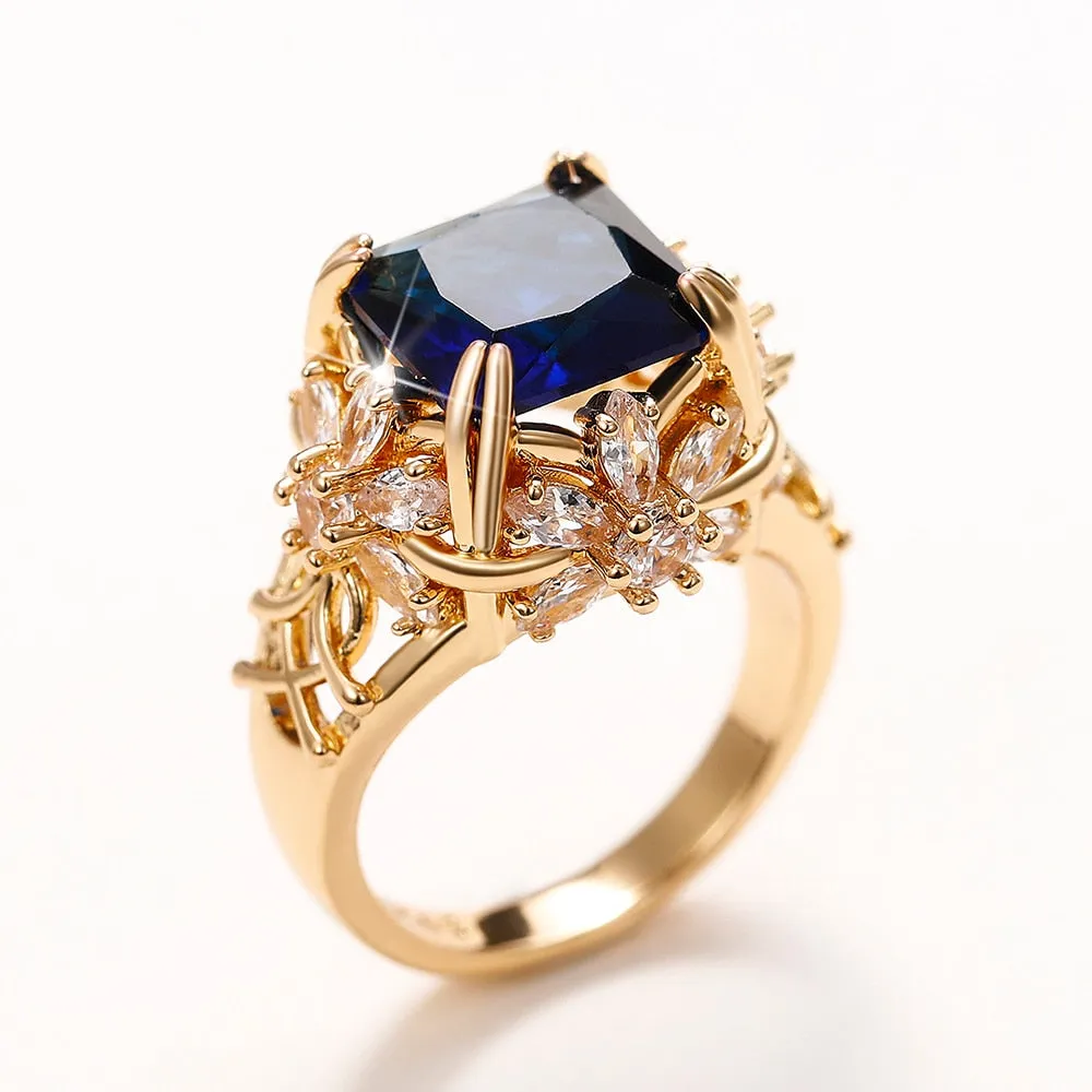 Huitan Gorgeous Dark Blue CZ Ring for Women/ Dazzling Flower Design Aesthetic Women's ring