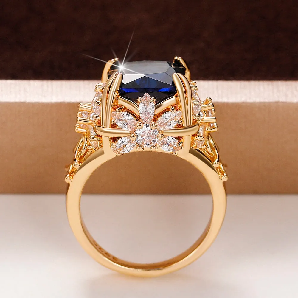 Huitan Gorgeous Dark Blue CZ Ring for Women/ Dazzling Flower Design Aesthetic Women's ring