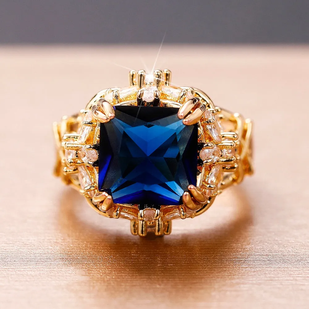 Huitan Gorgeous Dark Blue CZ Ring for Women/ Dazzling Flower Design Aesthetic Women's ring