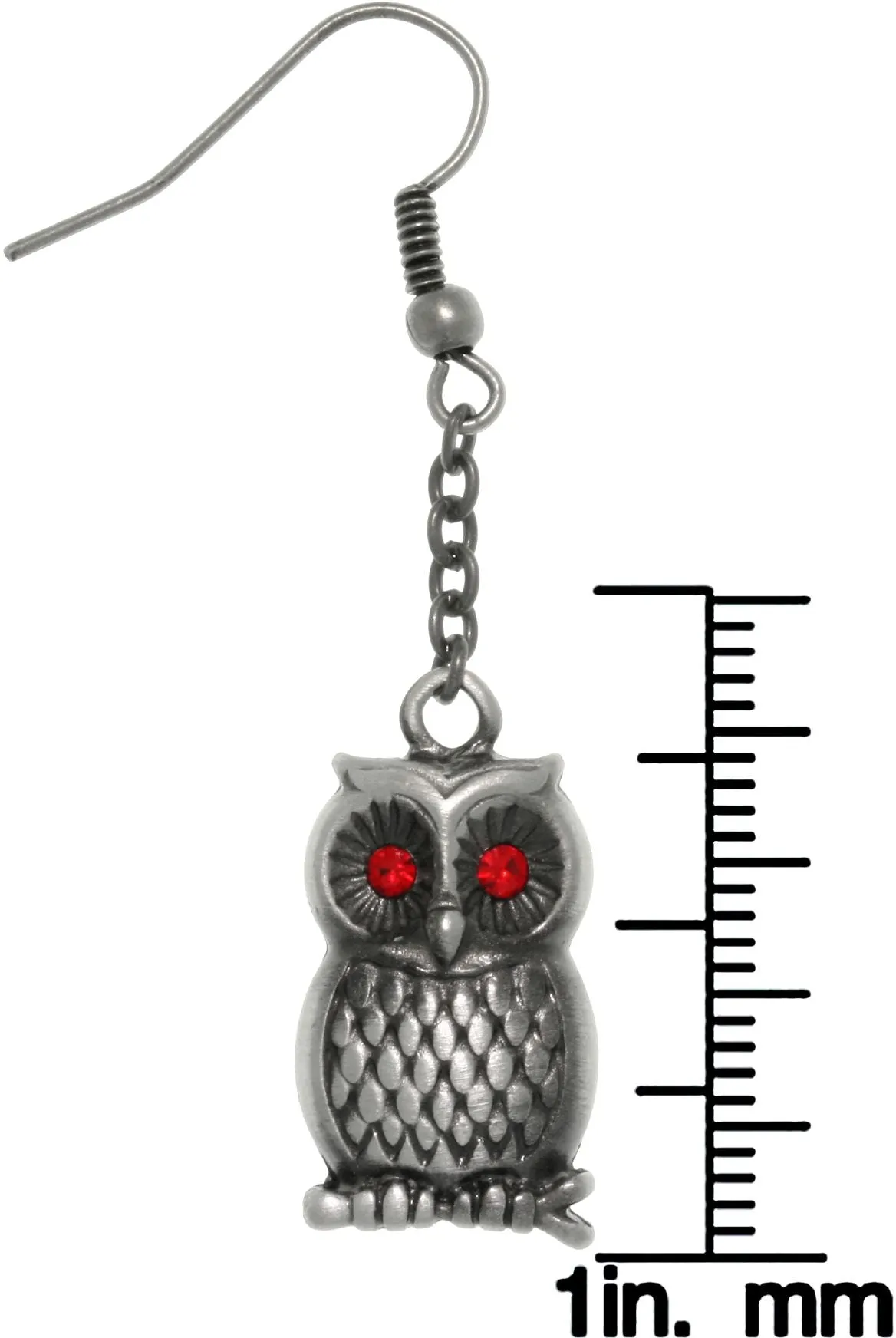 Jewelry Trends Pewter Barn Owl with Red Crystal Rhinestone Eyes Chain Dangle Earrings