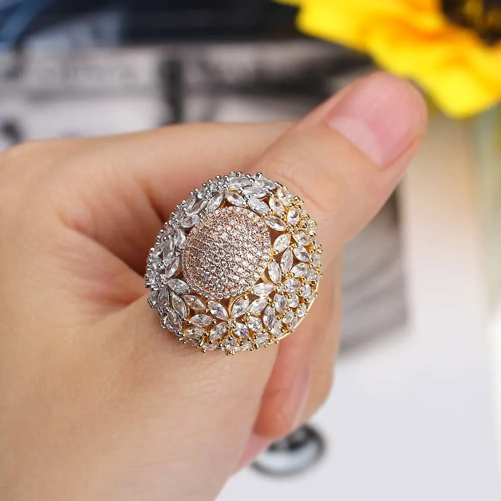 Luxury Paved Zirconia Brass Super Big Crystal Engagement Ring