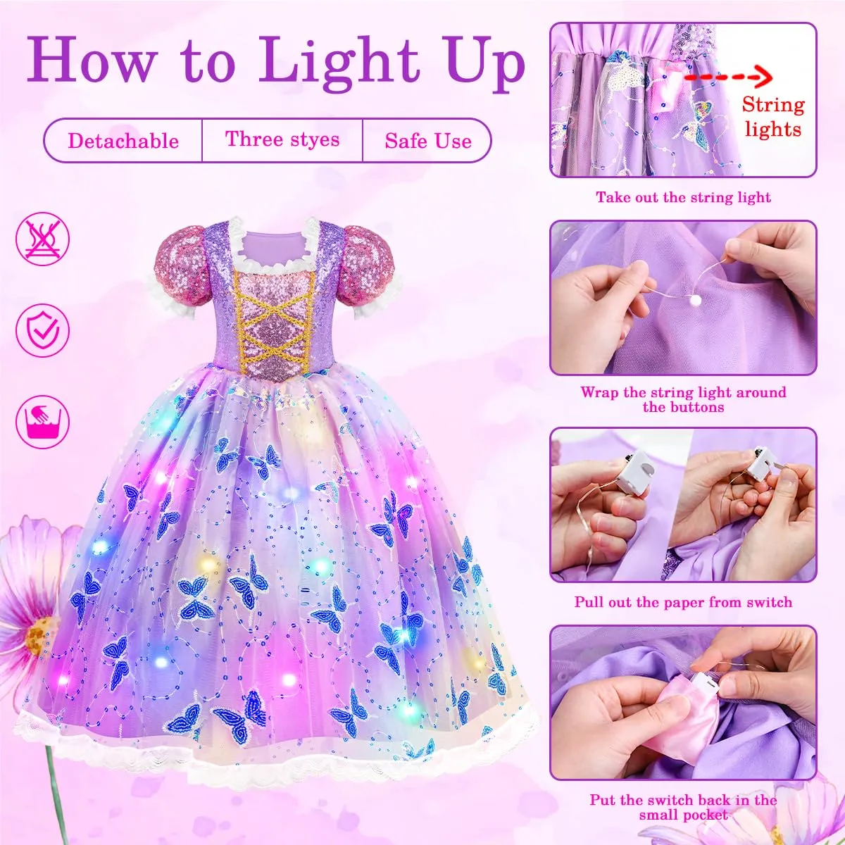 MELAND Princess Costumes for Girls, Light Up Princess Dress Up for Girls Aged 3-8, Princess Fancy Dress for Kids Halloween Costumes