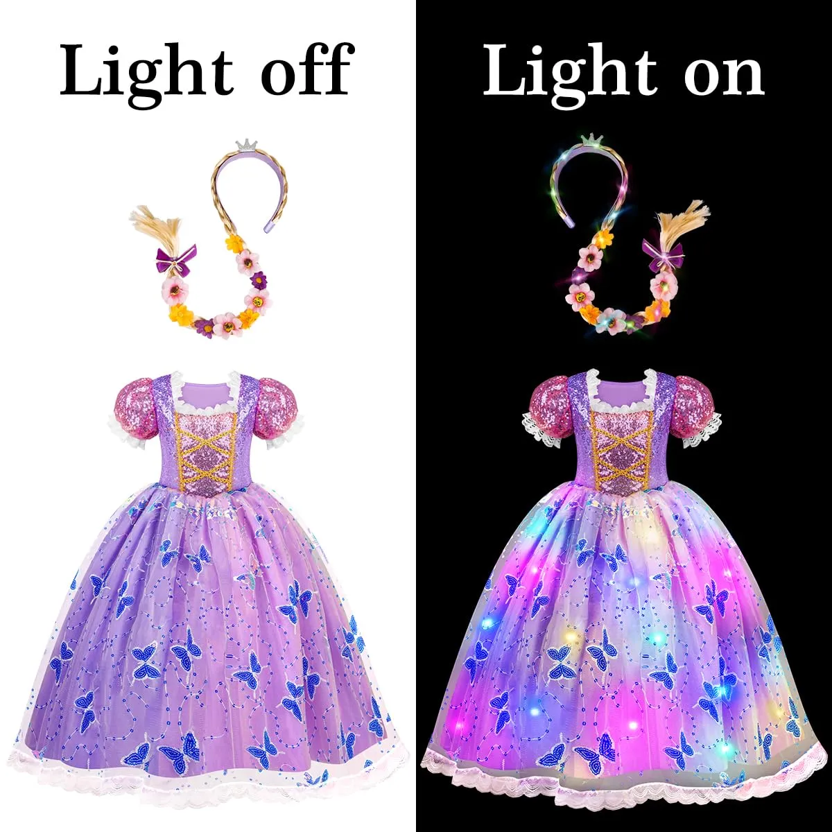 MELAND Princess Costumes for Girls, Light Up Princess Dress Up for Girls Aged 3-8, Princess Fancy Dress for Kids Halloween Costumes