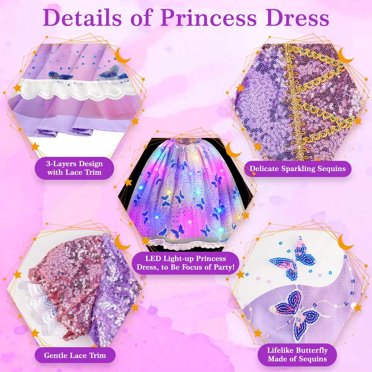 MELAND Princess Costumes for Girls, Light Up Princess Dress Up for Girls Aged 3-8, Princess Fancy Dress for Kids Halloween Costumes