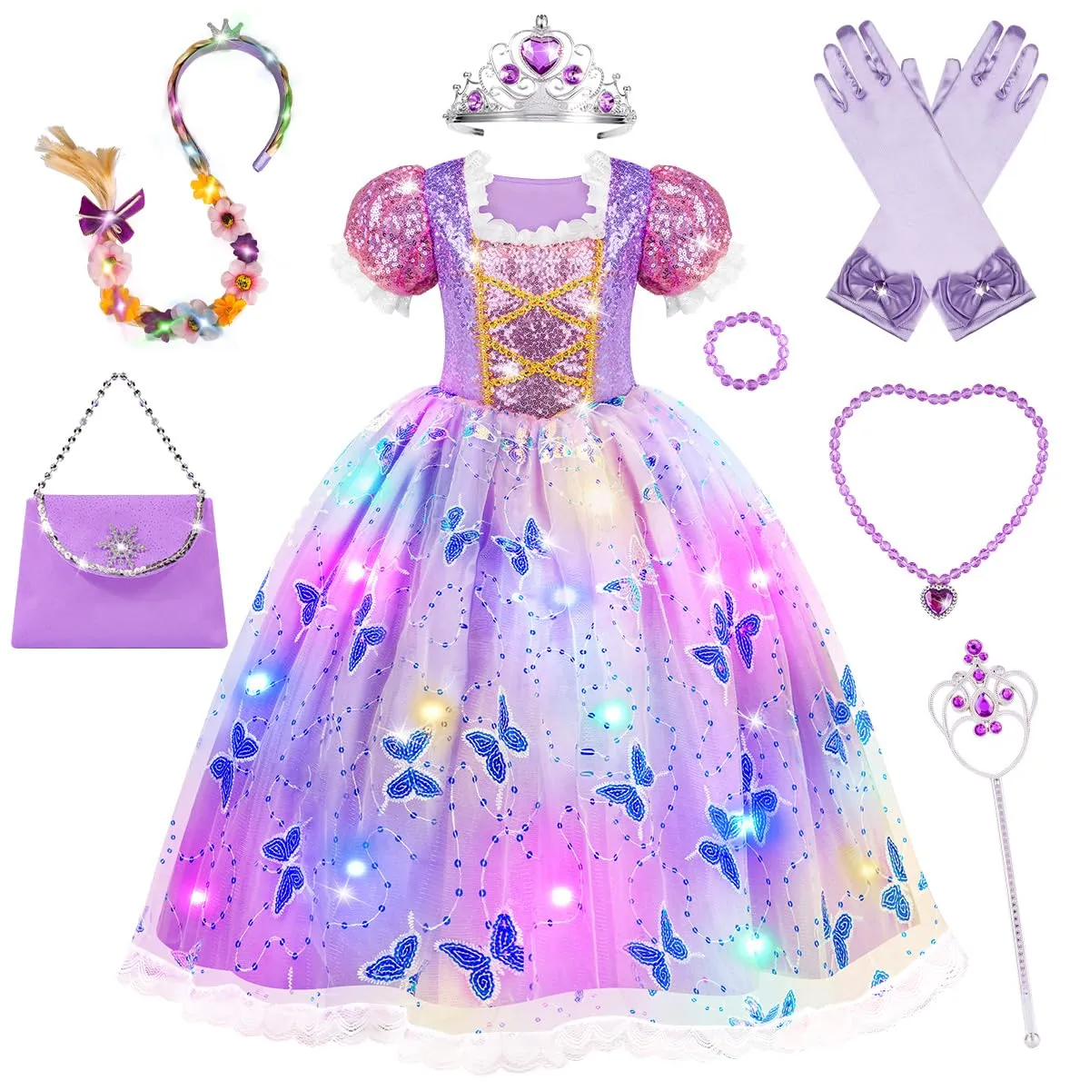 MELAND Princess Costumes for Girls, Light Up Princess Dress Up for Girls Aged 3-8, Princess Fancy Dress for Kids Halloween Costumes