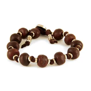 Mens Bodhi Seed and Silver Beaded Bracelet on Brown Deerskin Leather