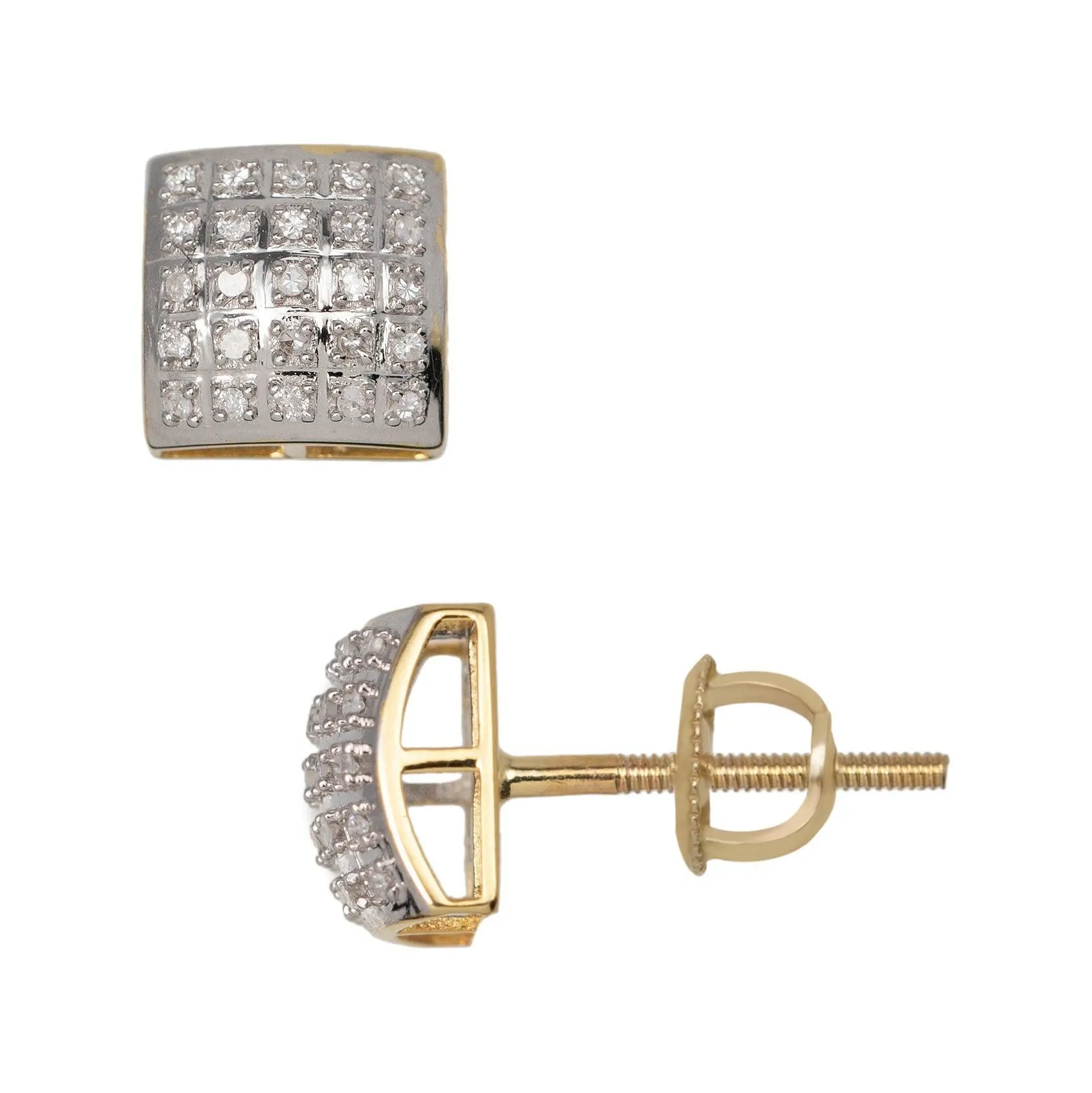 Men's Micro-Pavé Cushion Square Diamond Stud Earrings 0.16ct 10K Yellow Gold