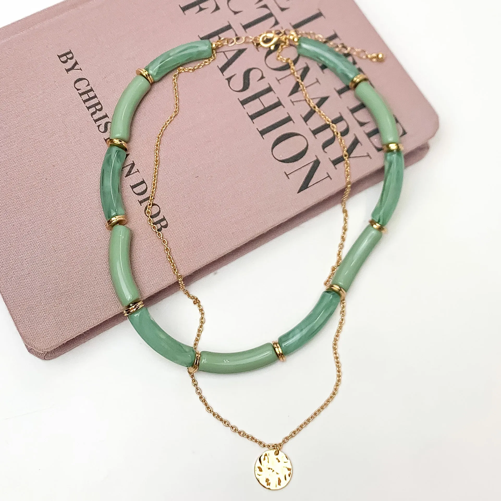 Perfect Paradise Tube Necklace With Second Gold Tone Chain Necklace in Green