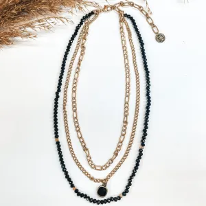 Pink Panache | Four Strand Black Beaded and Gold Spacers Necklace with Matte Gold Chains and Black Cushion Cut Crystal Drop