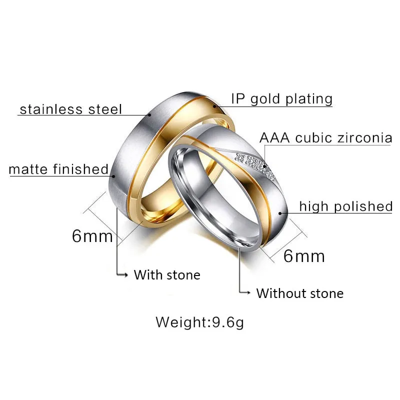 Promise Wedding Rings for Lover Gold-Color Stainless Steel Couple Rings for Engagement Jewelry Wedding Bands for Women Men