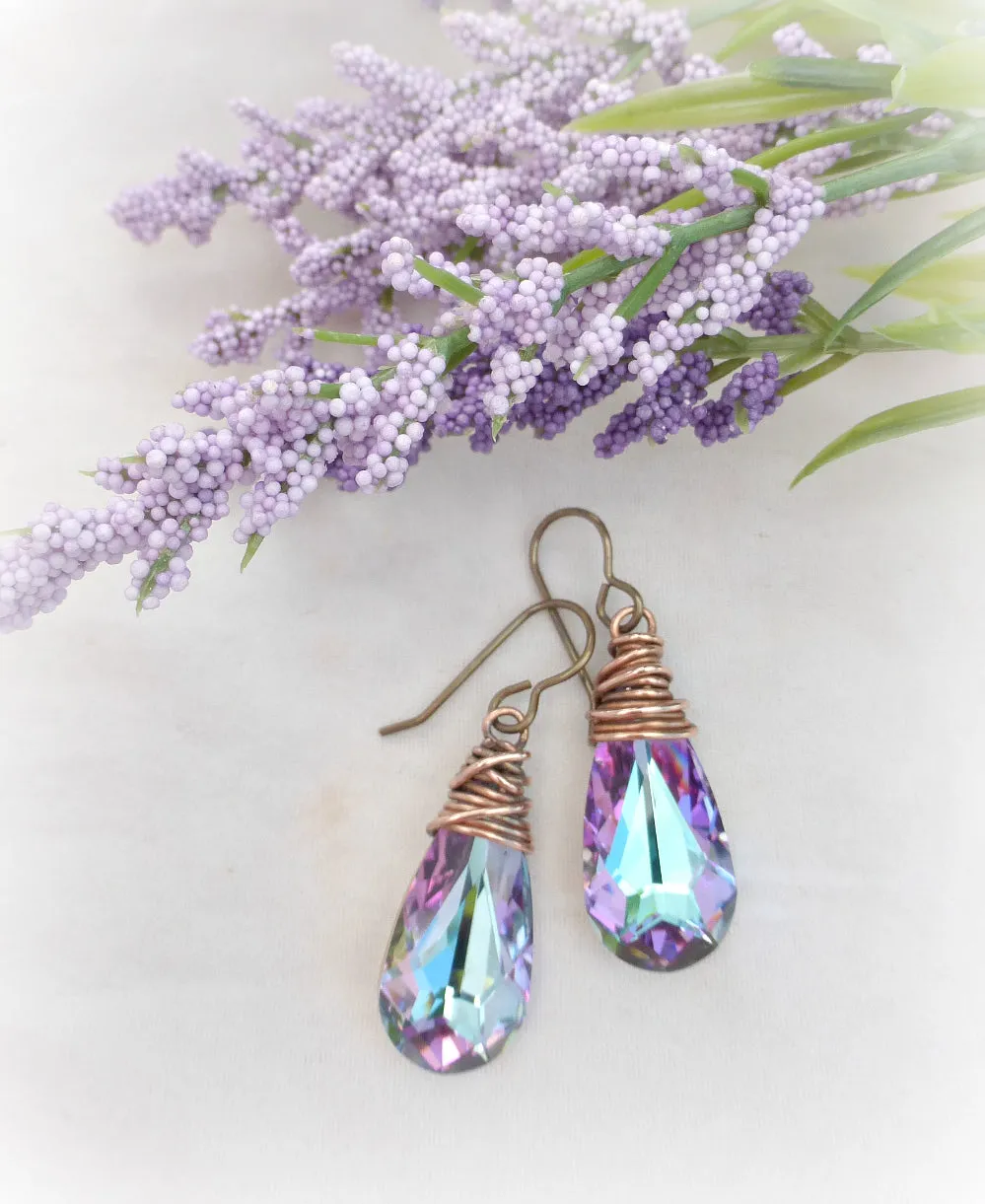 Purple Swarovski crystal earrings with copper wire wrapping, french ear wire.