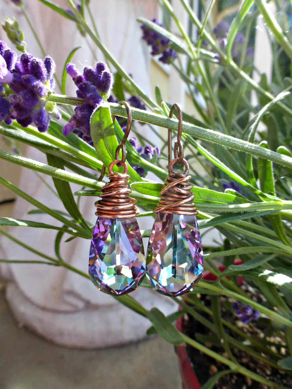 Purple Swarovski crystal earrings with copper wire wrapping, french ear wire.