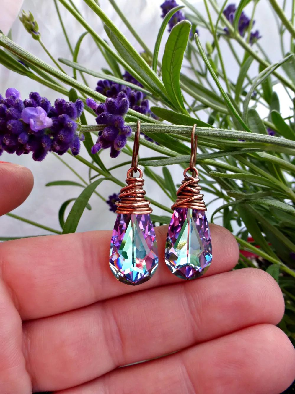 Purple Swarovski crystal earrings with copper wire wrapping, french ear wire.