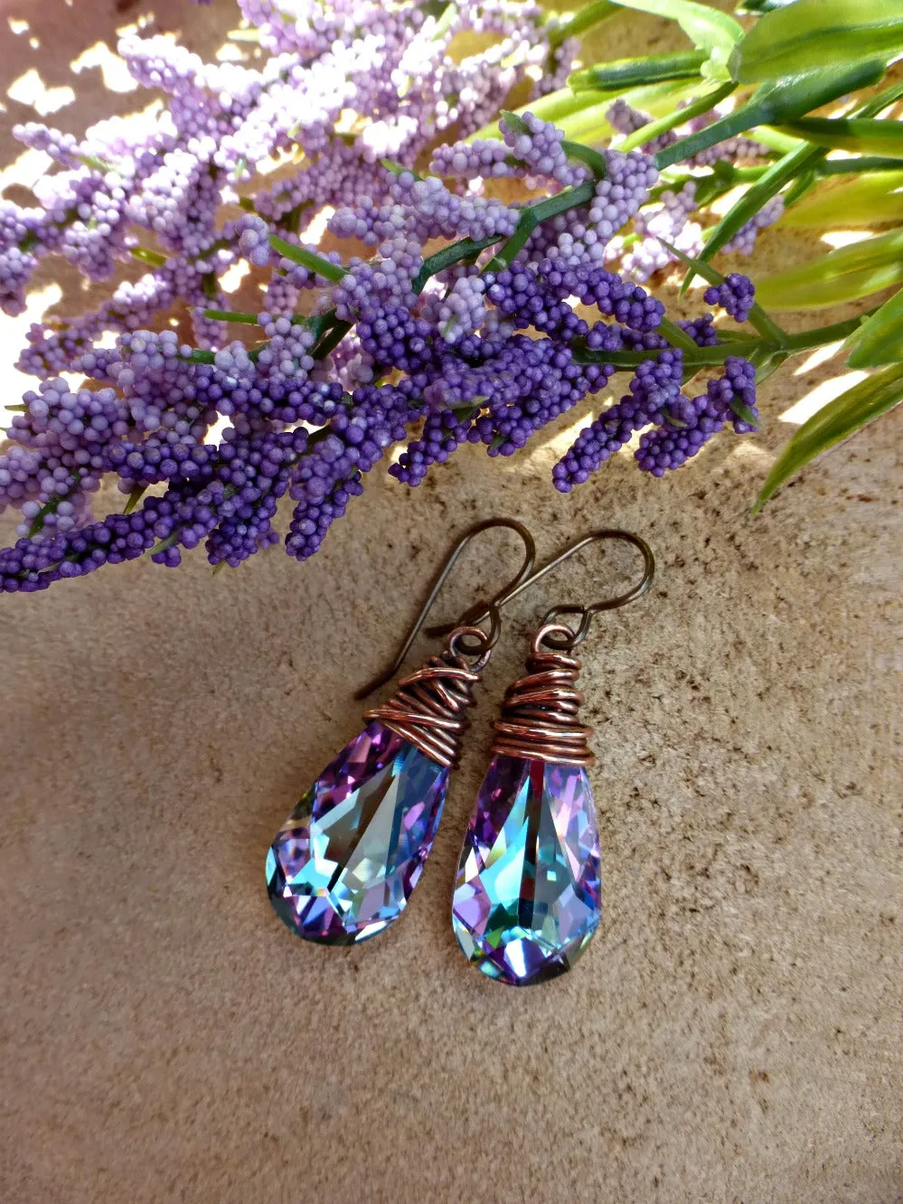 Purple Swarovski crystal earrings with copper wire wrapping, french ear wire.